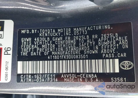 2013 Toyota Camry Hybrid Le z USA, uszkodzony, nr VIN 4T1BD1FK9DU083501